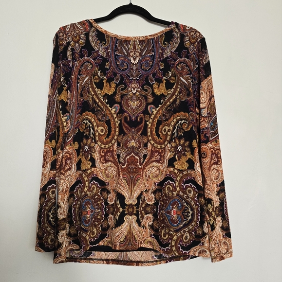 Chico's Long Sleeve Boat Neckline Paisley Mesh Top Multi-Colored - Picture 1 of 5